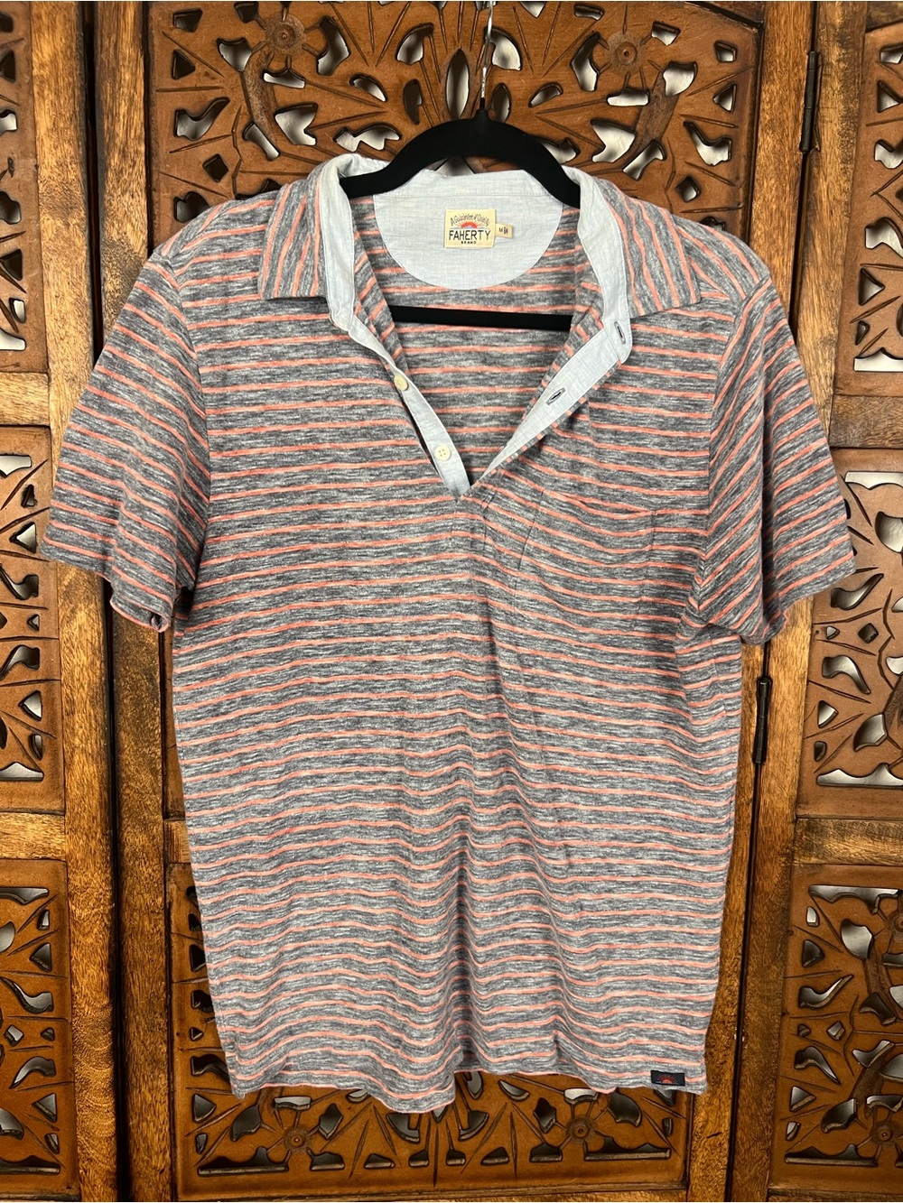 Faherty Striped Pocket Polo - Gray & Coral